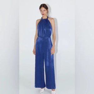 Blue Satin Halter Jumpsuit Wrinkle Effect Large
